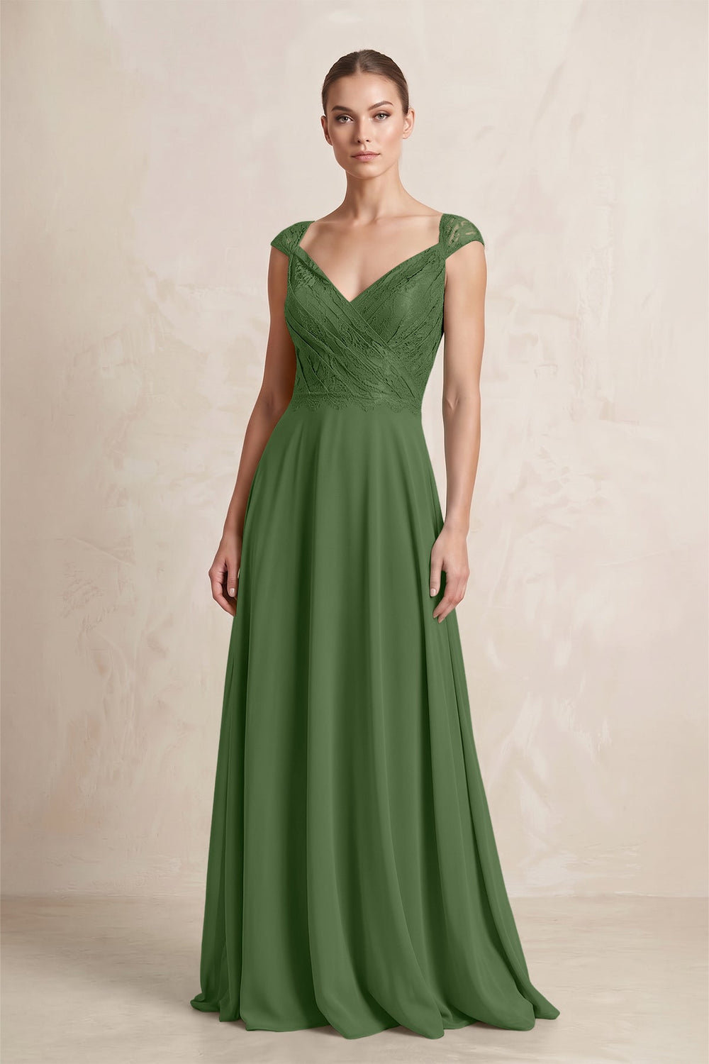 A - Line Chiffon V - Neck Pleated Bridesmaid Dress with Cap Sleeves in Moss - SHE IS ME Bridesmaid Dresses