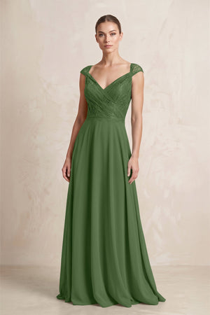 A - Line Chiffon V - Neck Pleated Bridesmaid Dress with Cap Sleeves in Moss - SHE IS ME Bridesmaid Dresses