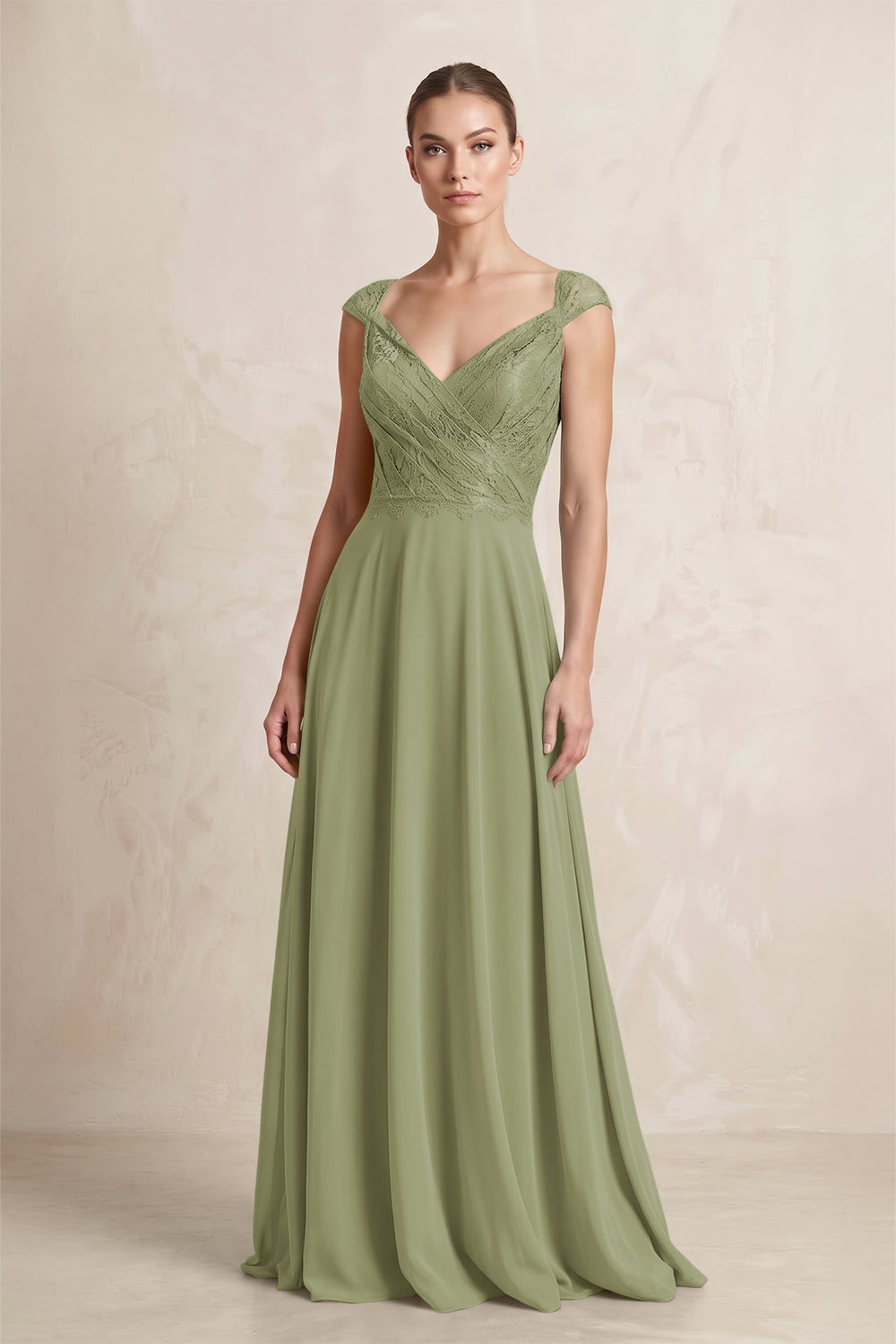 A - Line Chiffon V - Neck Pleated Bridesmaid Dress with Cap Sleeves in Moss Green - SHE IS ME Bridesmaid Dresses