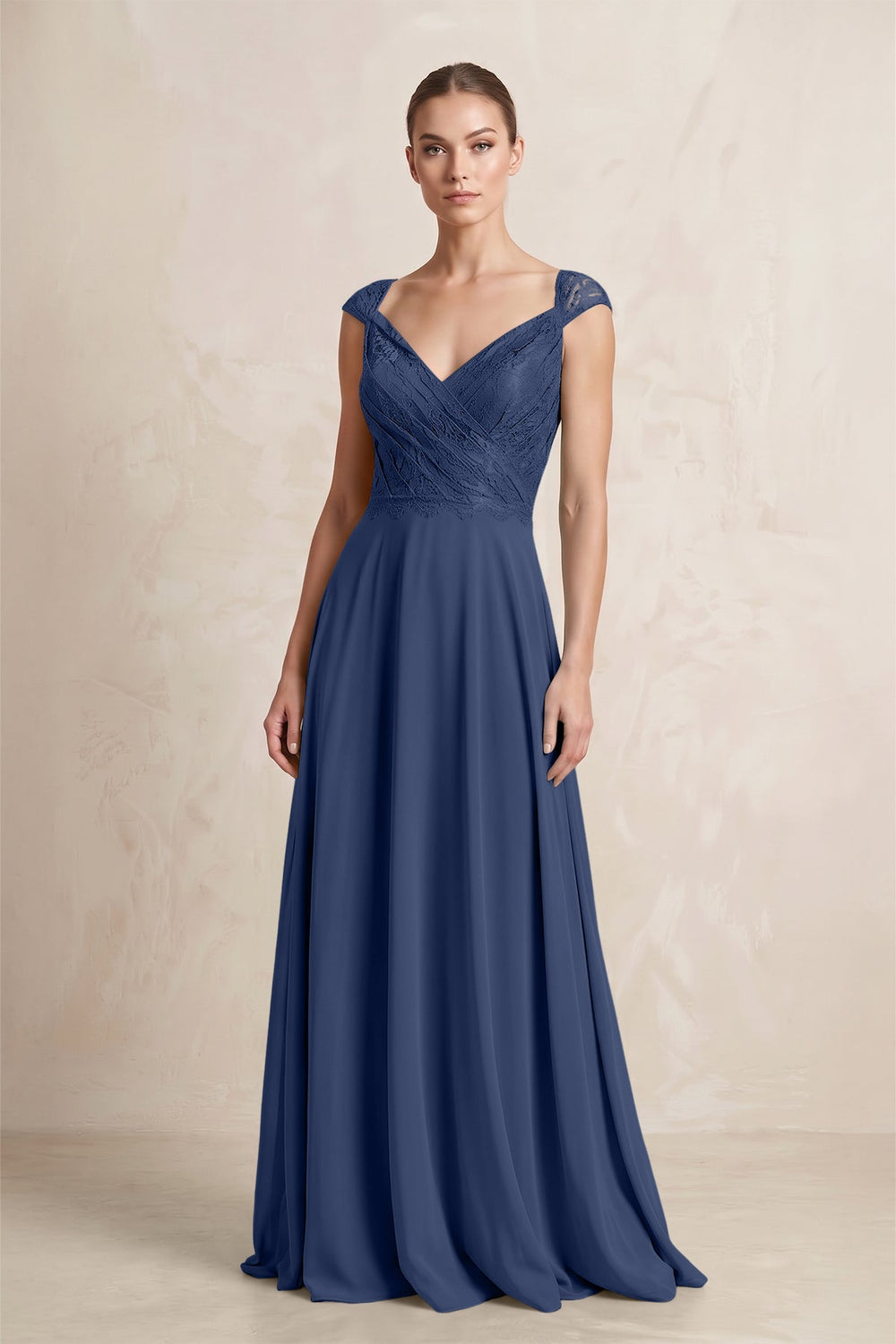 A - Line Chiffon V - Neck Pleated Bridesmaid Dress with Cap Sleeves in Navy - SHE IS ME Bridesmaid Dresses
