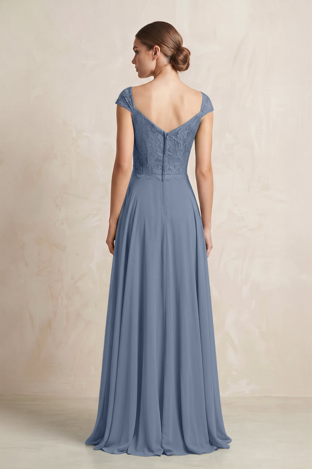A - Line Chiffon V - Neck Pleated Bridesmaid Dress with Cap Sleeves in Neptune - SHE IS ME Bridesmaid Dresses