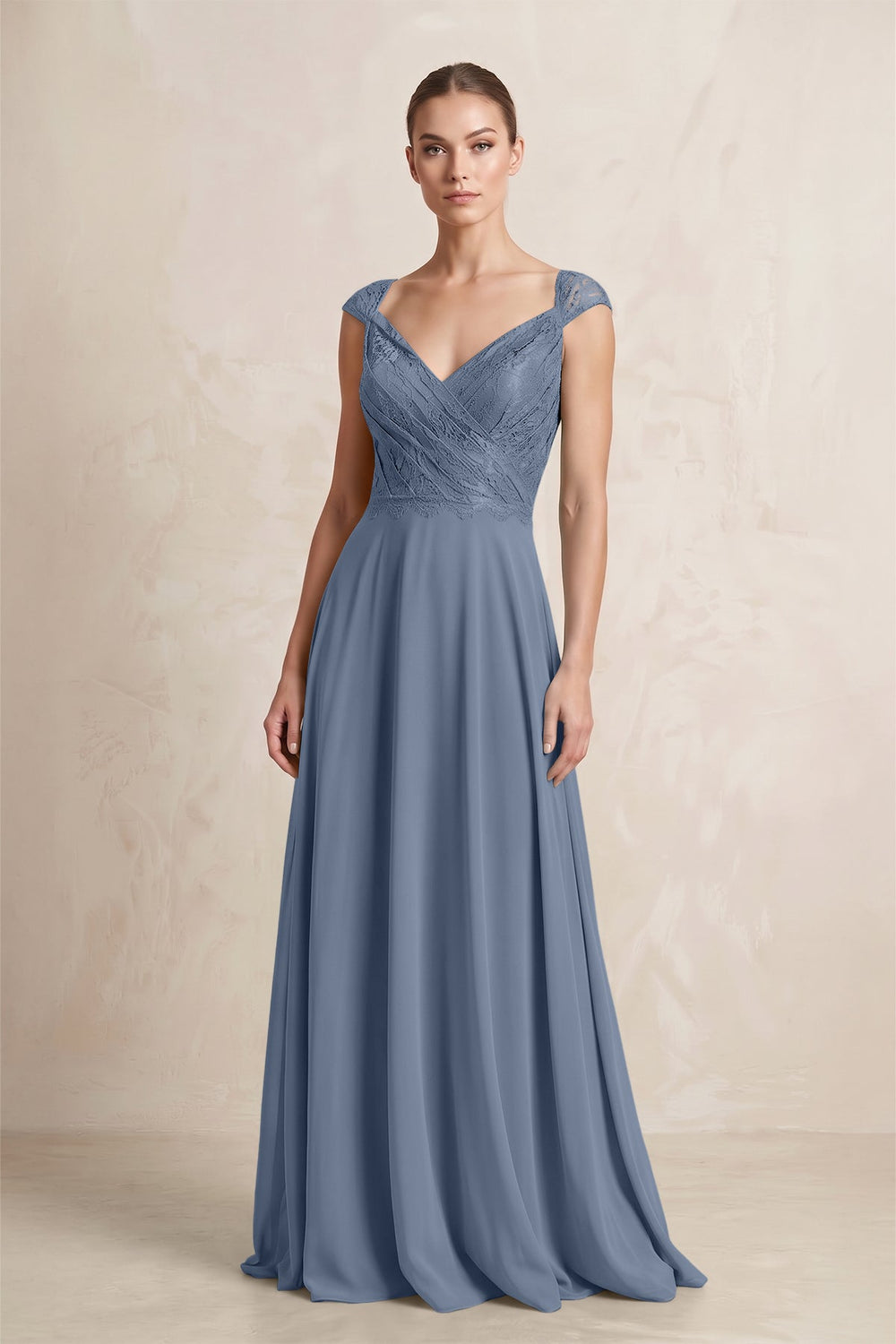 A - Line Chiffon V - Neck Pleated Bridesmaid Dress with Cap Sleeves in Neptune - SHE IS ME Bridesmaid Dresses