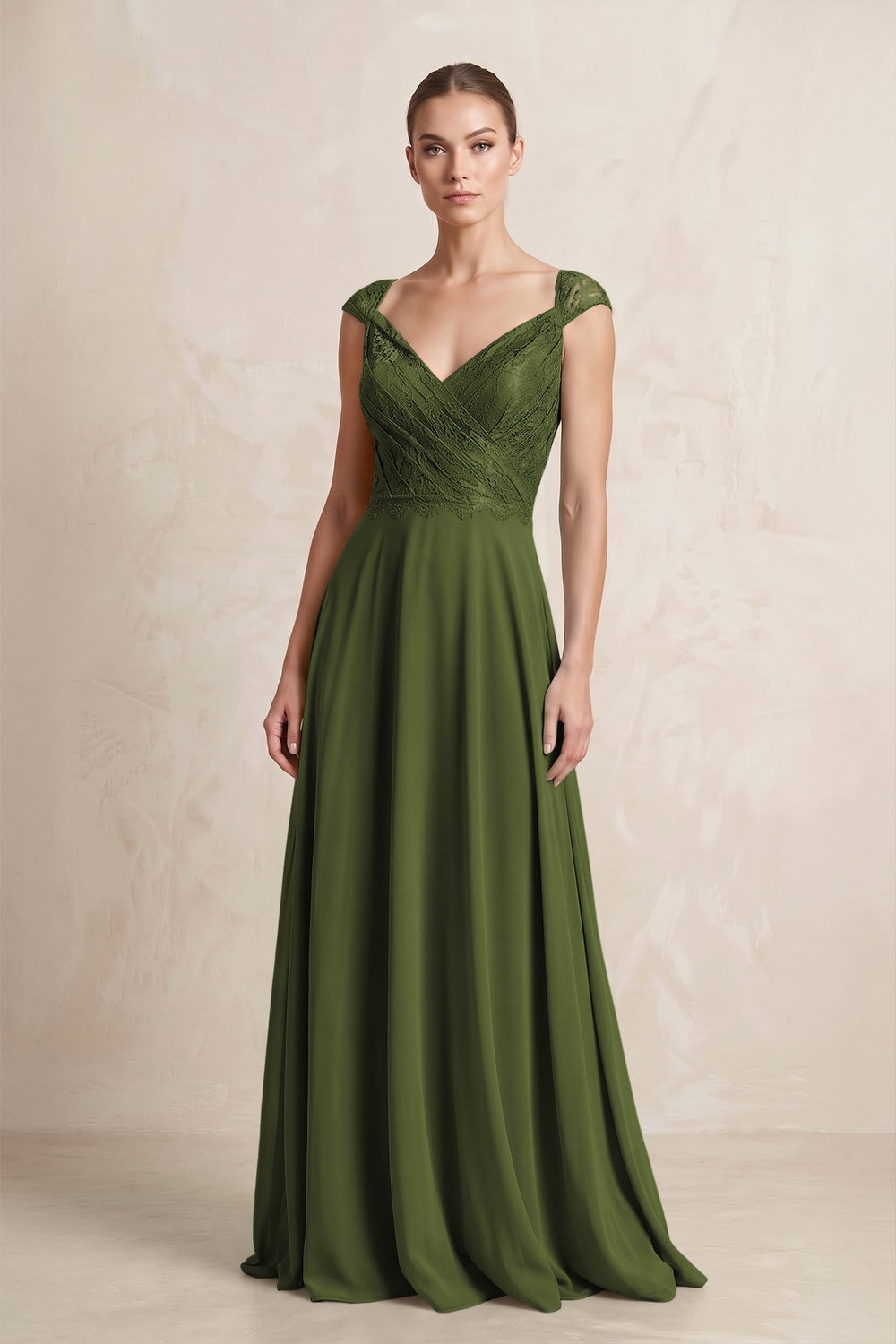 A - Line Chiffon V - Neck Pleated Bridesmaid Dress with Cap Sleeves in Olive - SHE IS ME Bridesmaid Dresses