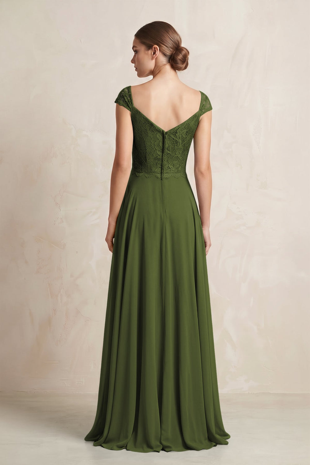 A - Line Chiffon V - Neck Pleated Bridesmaid Dress with Cap Sleeves in Olive - SHE IS ME Bridesmaid Dresses