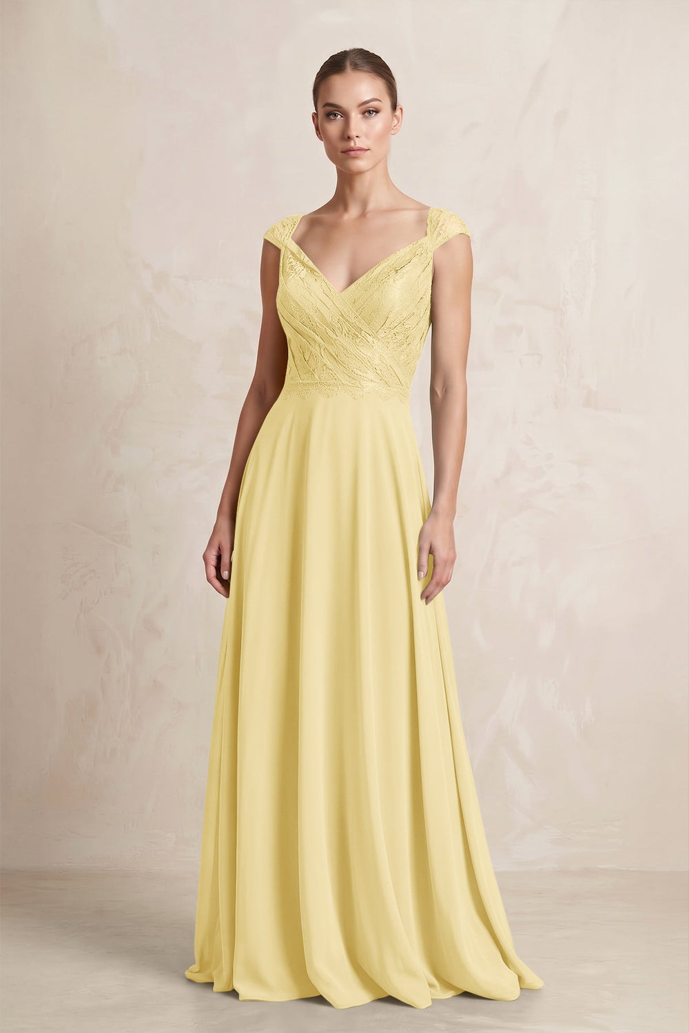 A - Line Chiffon V - Neck Pleated Bridesmaid Dress with Cap Sleeves in Pastel Yellow - SHE IS ME Bridesmaid Dresses