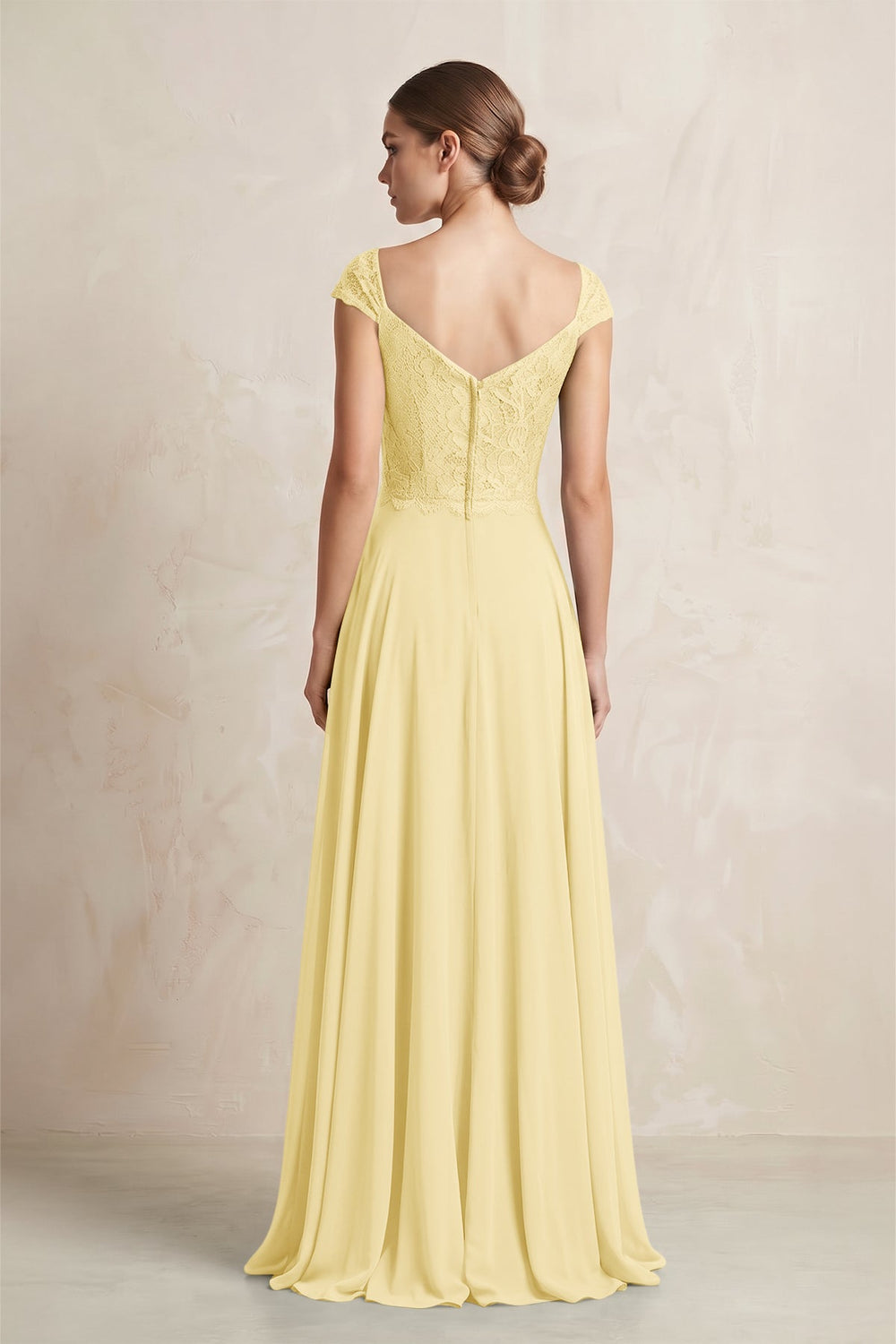 A - Line Chiffon V - Neck Pleated Bridesmaid Dress with Cap Sleeves in Pastel Yellow - SHE IS ME Bridesmaid Dresses
