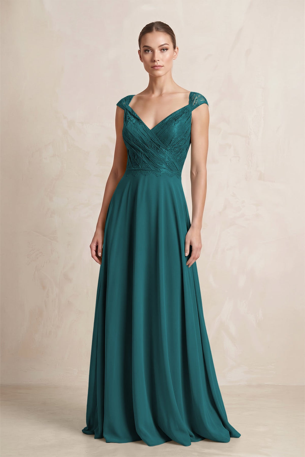A - Line Chiffon V - Neck Pleated Bridesmaid Dress with Cap Sleeves in Pine - SHE IS ME Bridesmaid Dresses
