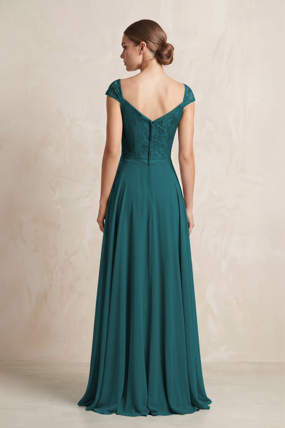 A - Line Chiffon V - Neck Pleated Bridesmaid Dress with Cap Sleeves in Pine - SHE IS ME Bridesmaid Dresses