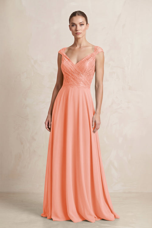 A - Line Chiffon V - Neck Pleated Bridesmaid Dress with Cap Sleeves in Rosette - SHE IS ME Bridesmaid Dresses
