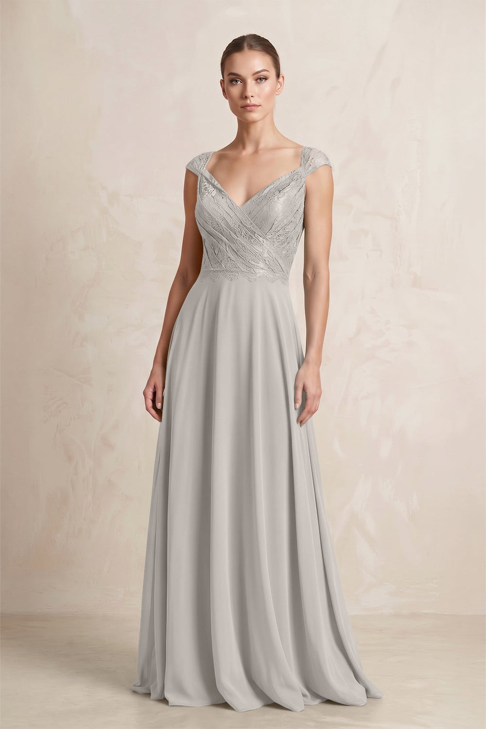 A - Line Chiffon V - Neck Pleated Bridesmaid Dress with Cap Sleeves in Silver - SHE IS ME Bridesmaid Dresses