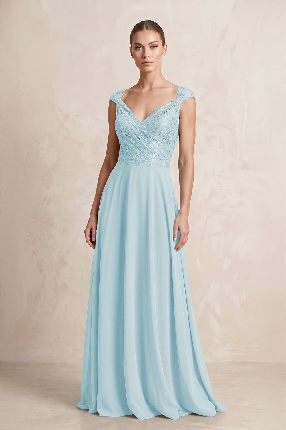 A - Line Chiffon V - Neck Pleated Bridesmaid Dress with Cap Sleeves in Sky Blue - SHE IS ME Bridesmaid Dresses
