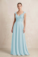 A - Line Chiffon V - Neck Pleated Bridesmaid Dress with Cap Sleeves in Sky Blue - SHE IS ME Bridesmaid Dresses