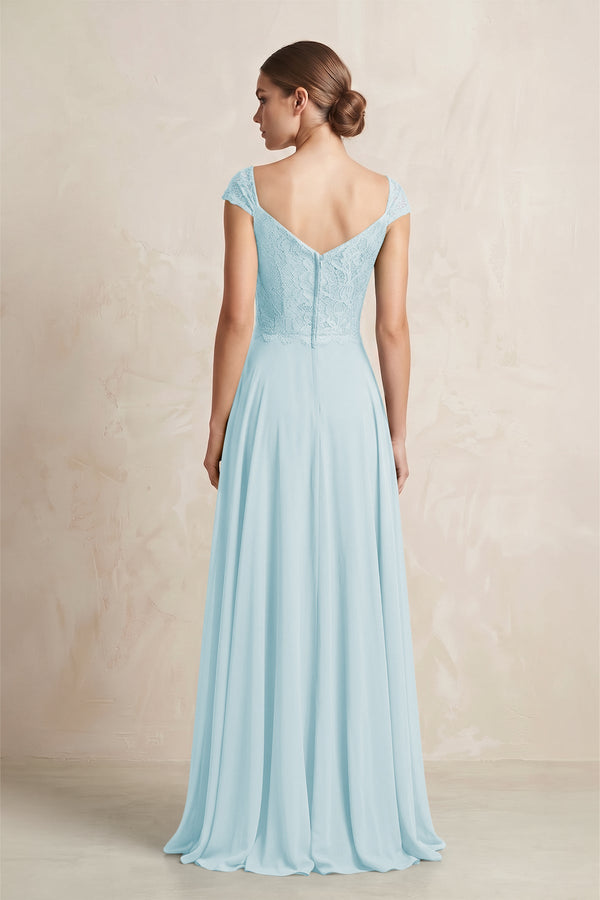 A - Line Chiffon V - Neck Pleated Bridesmaid Dress with Cap Sleeves in Sky Blue - SHE IS ME Bridesmaid Dresses