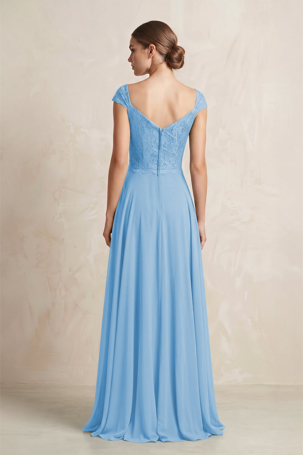 A - Line Chiffon V - Neck Pleated Bridesmaid Dress with Cap Sleeves in Steel Blue - SHE IS ME Bridesmaid Dresses