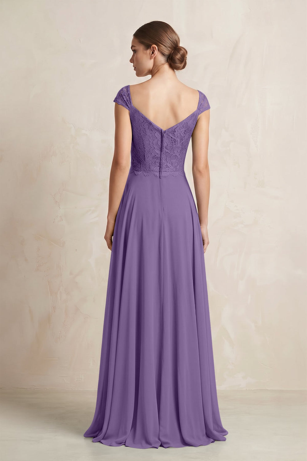 A - Line Chiffon V - Neck Pleated Bridesmaid Dress with Cap Sleeves in Tahiti - SHE IS ME Bridesmaid Dresses