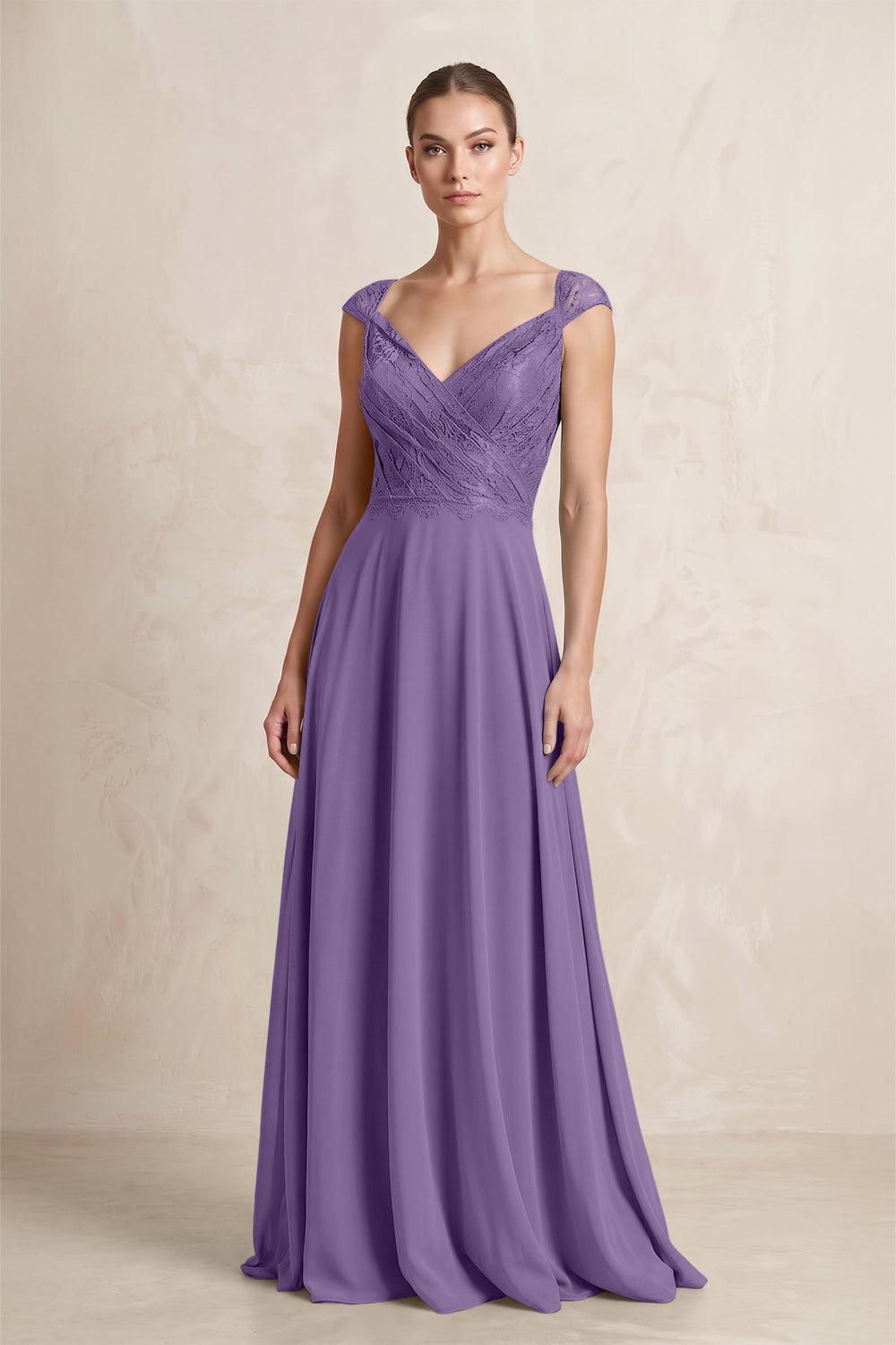 A - Line Chiffon V - Neck Pleated Bridesmaid Dress with Cap Sleeves in Tahiti - SHE IS ME Bridesmaid Dresses