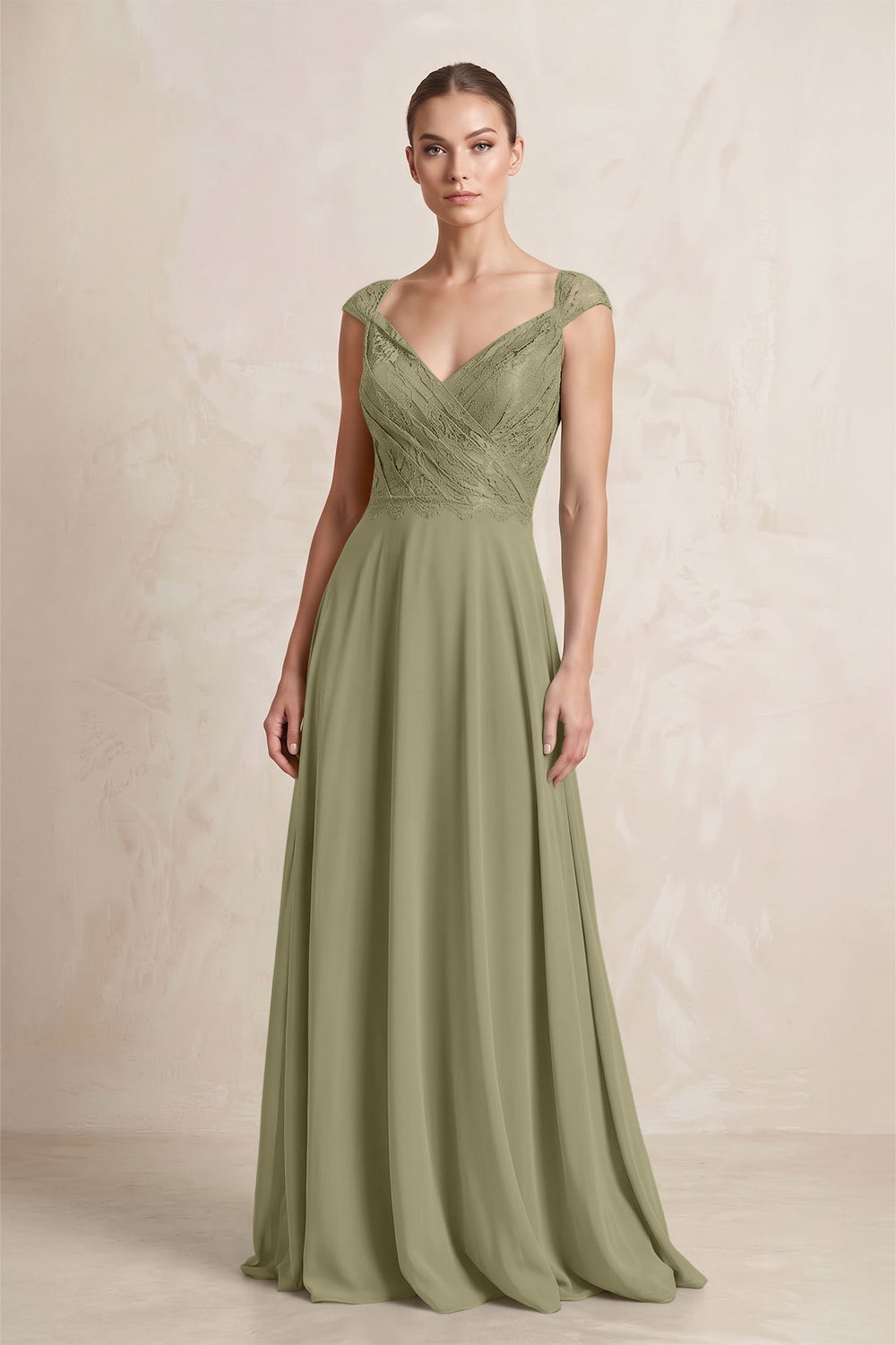 A - Line Chiffon V - Neck Pleated Bridesmaid Dress with Cap Sleeves in Thyme - SHE IS ME Bridesmaid Dresses