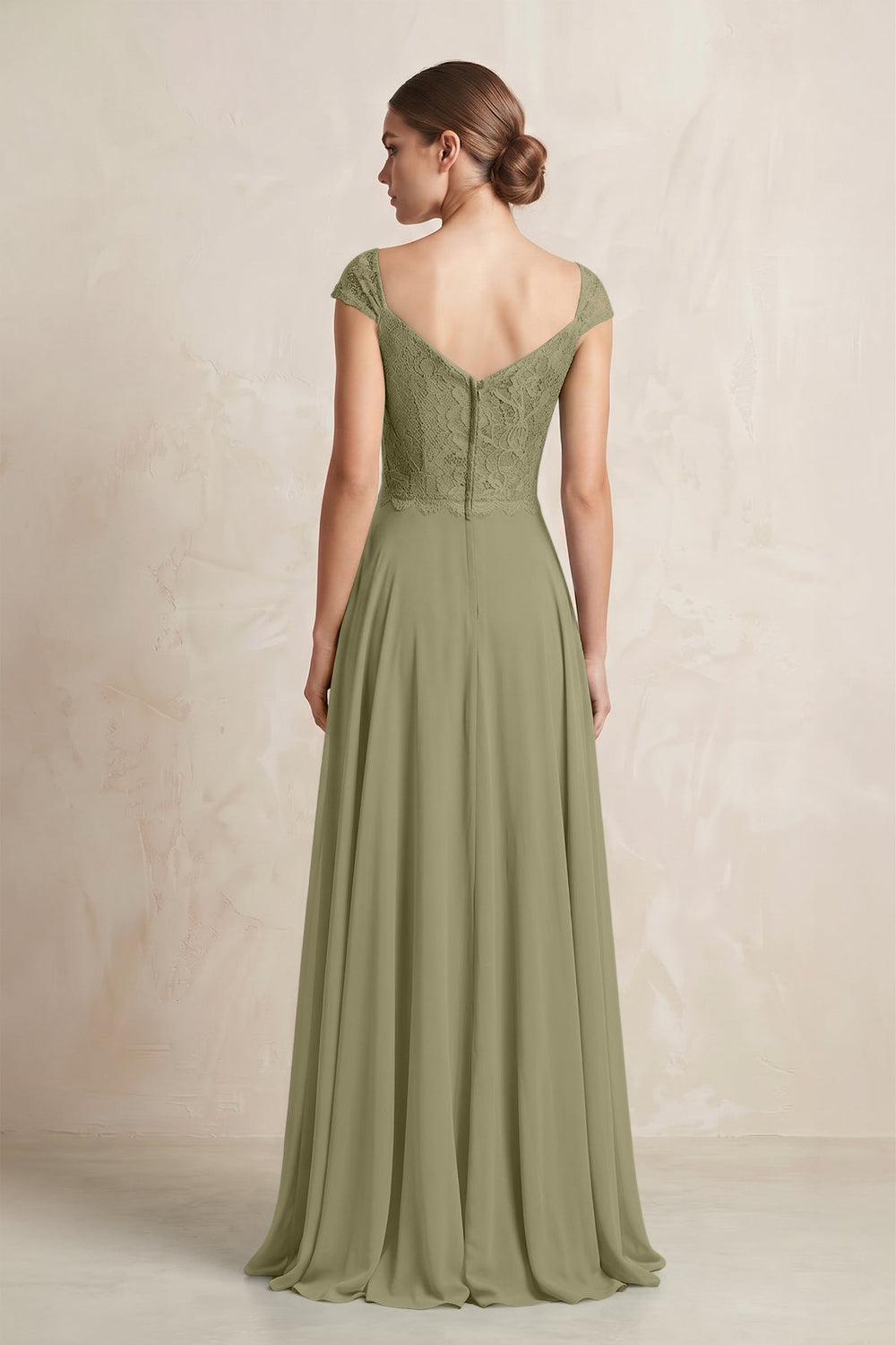 A - Line Chiffon V - Neck Pleated Bridesmaid Dress with Cap Sleeves in Thyme - SHE IS ME Bridesmaid Dresses