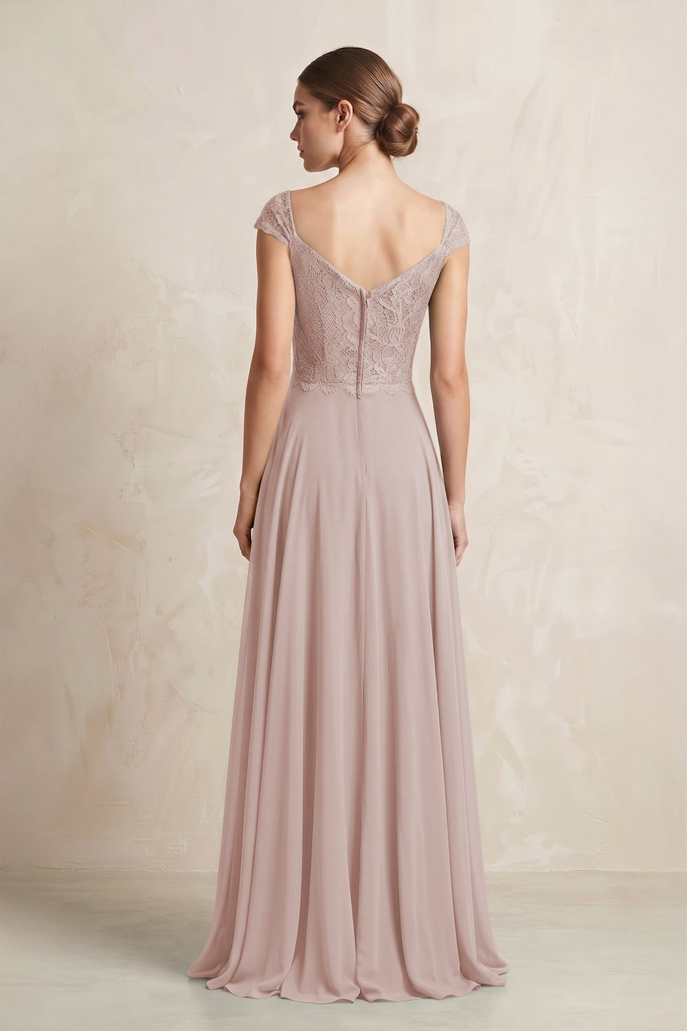 A - Line Chiffon V - Neck Pleated Bridesmaid Dress with Cap Sleeves in Toffee - SHE IS ME Bridesmaid Dresses