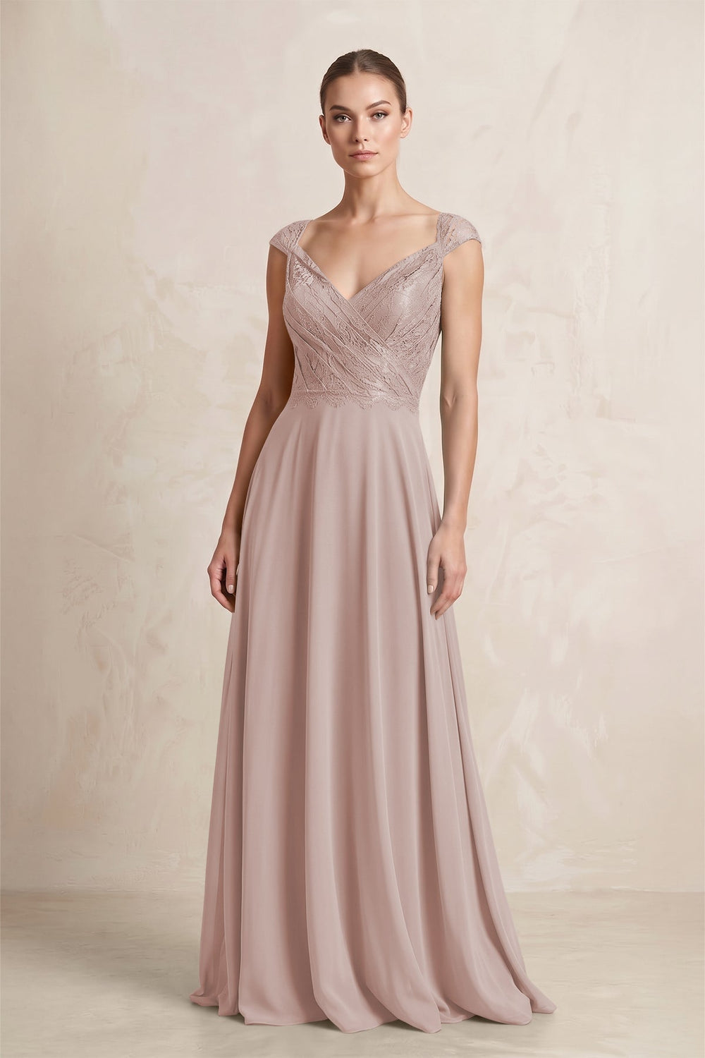 A - Line Chiffon V - Neck Pleated Bridesmaid Dress with Cap Sleeves in Toffee - SHE IS ME Bridesmaid Dresses
