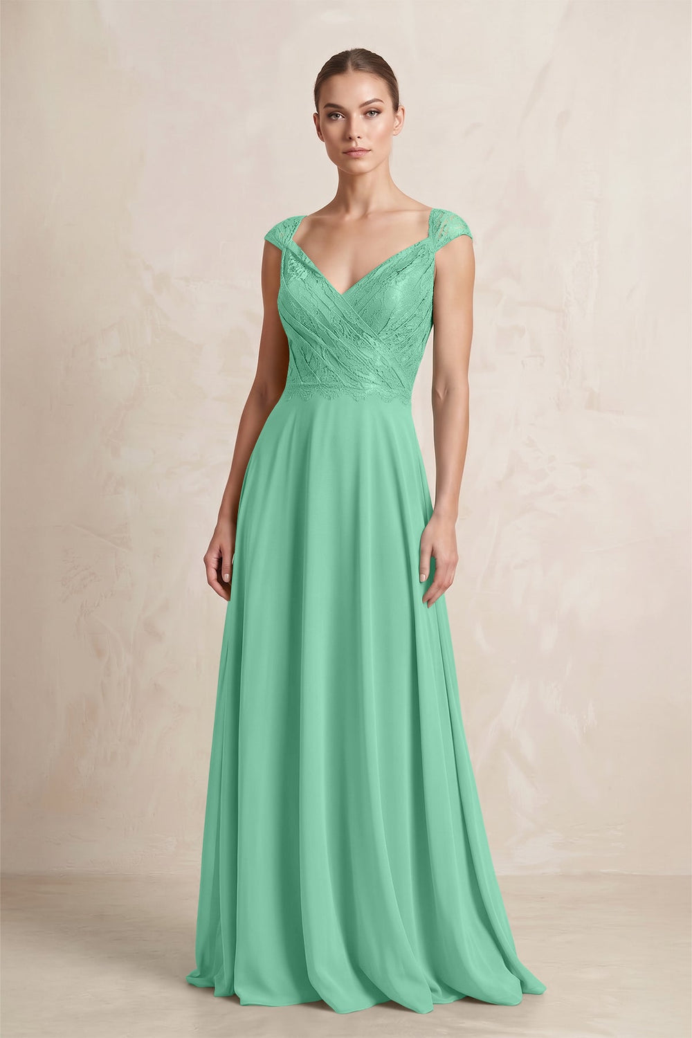 A - Line Chiffon V - Neck Pleated Bridesmaid Dress with Cap Sleeves in Turquoise - SHE IS ME Bridesmaid Dresses