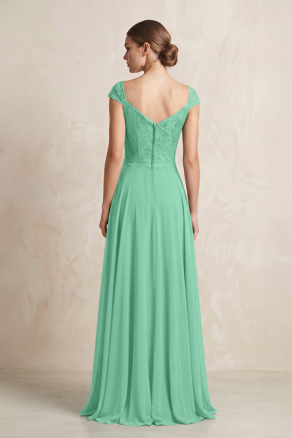 A - Line Chiffon V - Neck Pleated Bridesmaid Dress with Cap Sleeves in Turquoise - SHE IS ME Bridesmaid Dresses