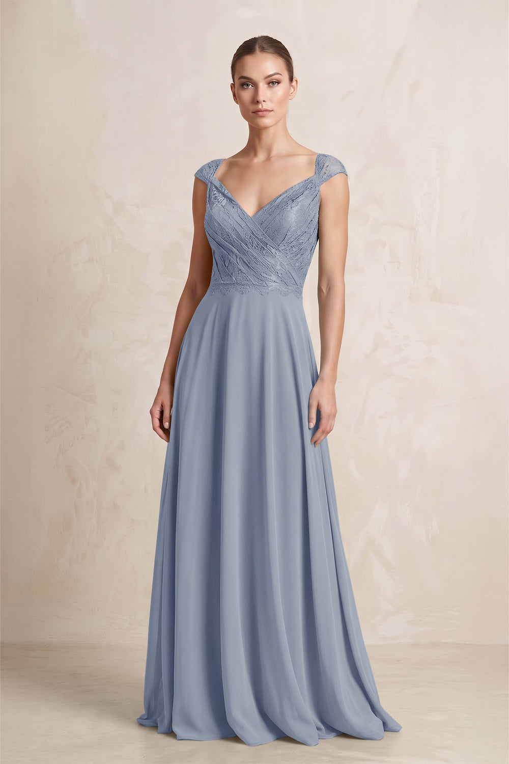 A - Line Chiffon V - Neck Pleated Bridesmaid Dress with Cap Sleeves in Twilight - SHE IS ME Bridesmaid Dresses