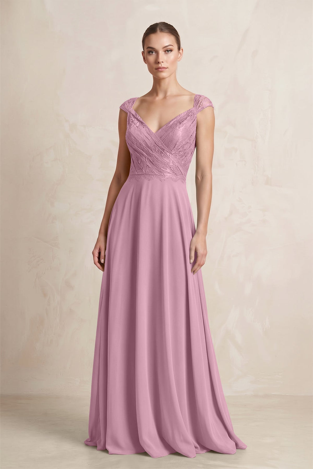 A - Line Chiffon V - Neck Pleated Bridesmaid Dress with Cap Sleeves in Vintage Mauve - SHE IS ME Bridesmaid Dresses