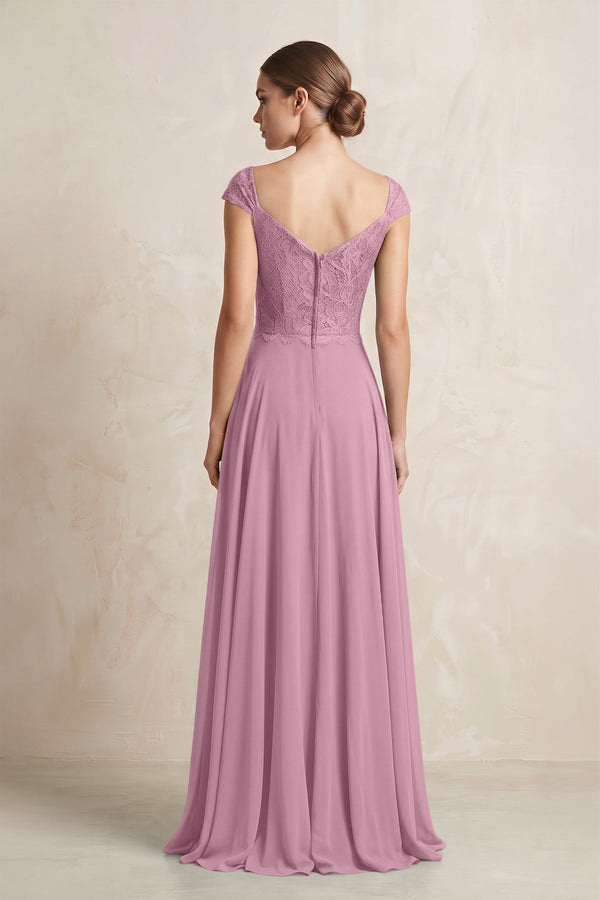 A - Line Chiffon V - Neck Pleated Bridesmaid Dress with Cap Sleeves in Vintage Mauve - SHE IS ME Bridesmaid Dresses