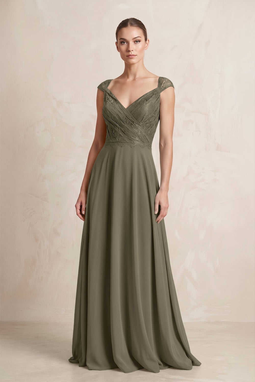 A - Line Chiffon V - Neck Pleated Bridesmaid Dress with Cap Sleeves in Willow Green - SHE IS ME Bridesmaid Dresses