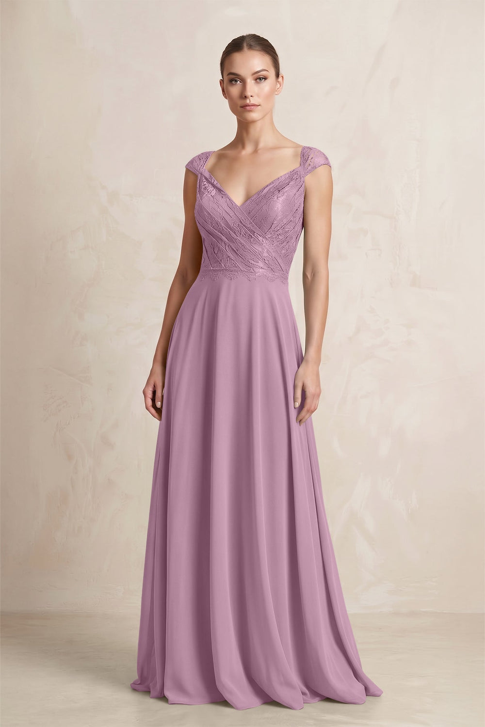 A - Line Chiffon V - Neck Pleated Bridesmaid Dress with Cap Sleeves in Wisteria - SHE IS ME Bridesmaid Dresses