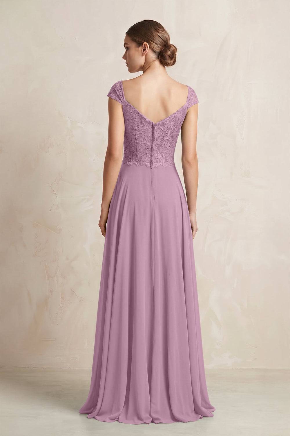 A - Line Chiffon V - Neck Pleated Bridesmaid Dress with Cap Sleeves in Wisteria - SHE IS ME Bridesmaid Dresses