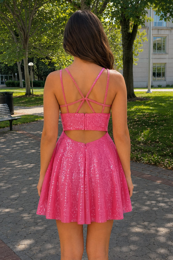 Hot Pink A-Line Double Straps Sequins Homecoming Dress - SHEISME