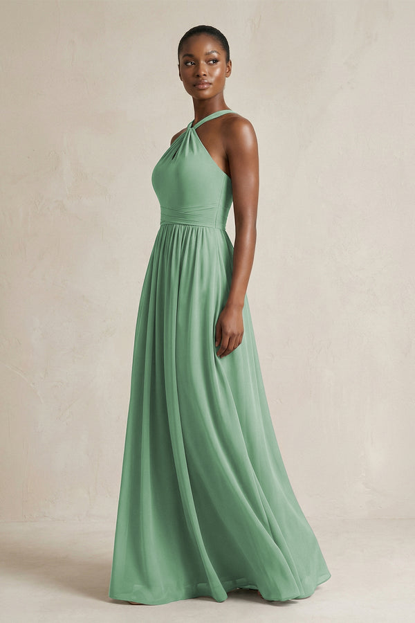 A - Line Halter Chiffon Ruched Bridesmaid Dress in Sea Glass - SHE IS ME Bridesmaid Dresses