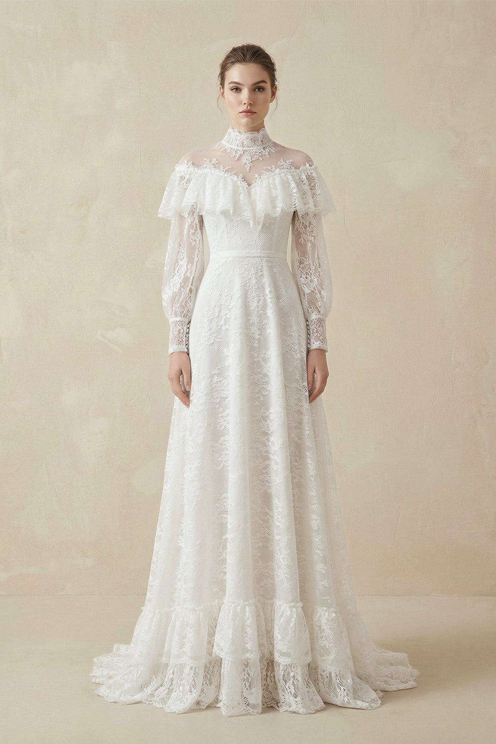 A - Line High Neck Long Sleeve Lace Wedding Dress - SHE IS ME Wedding Dresses