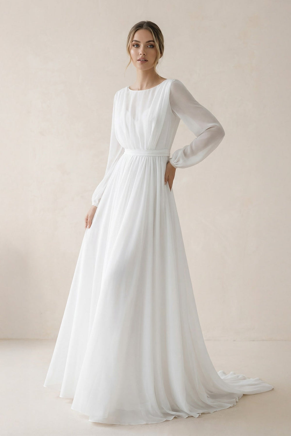 A - Line Illusion Neck Chiffon Wedding Dresses in White - SHE IS ME Wedding Dresses