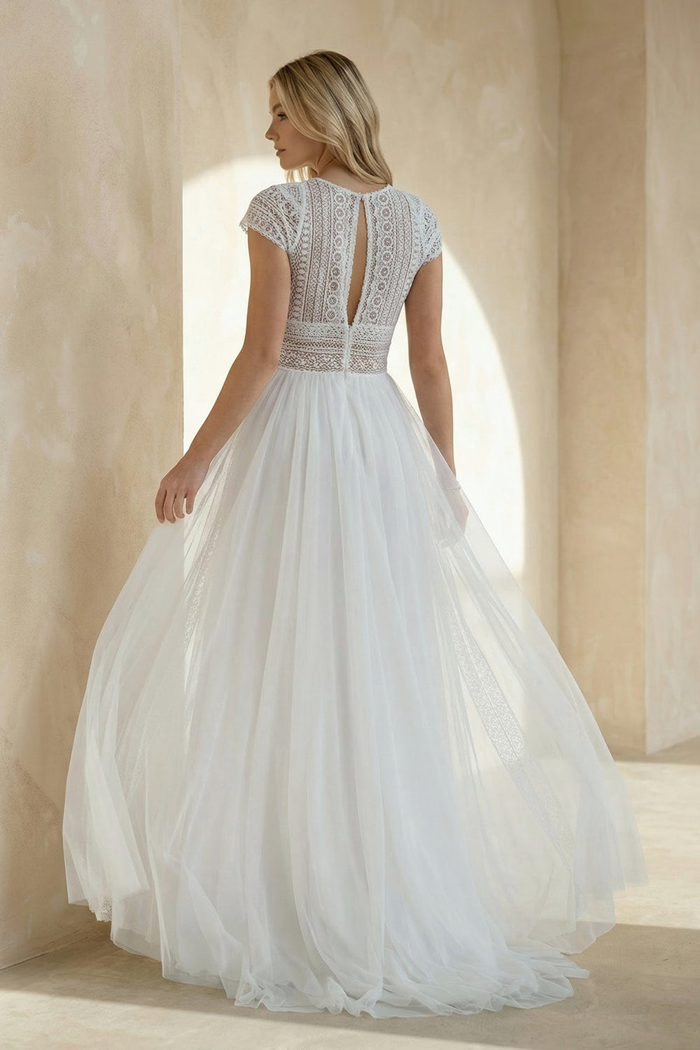 A Line Lace Cap Sleeves Wedding Dress in White - SHE IS ME Wedding Dresses