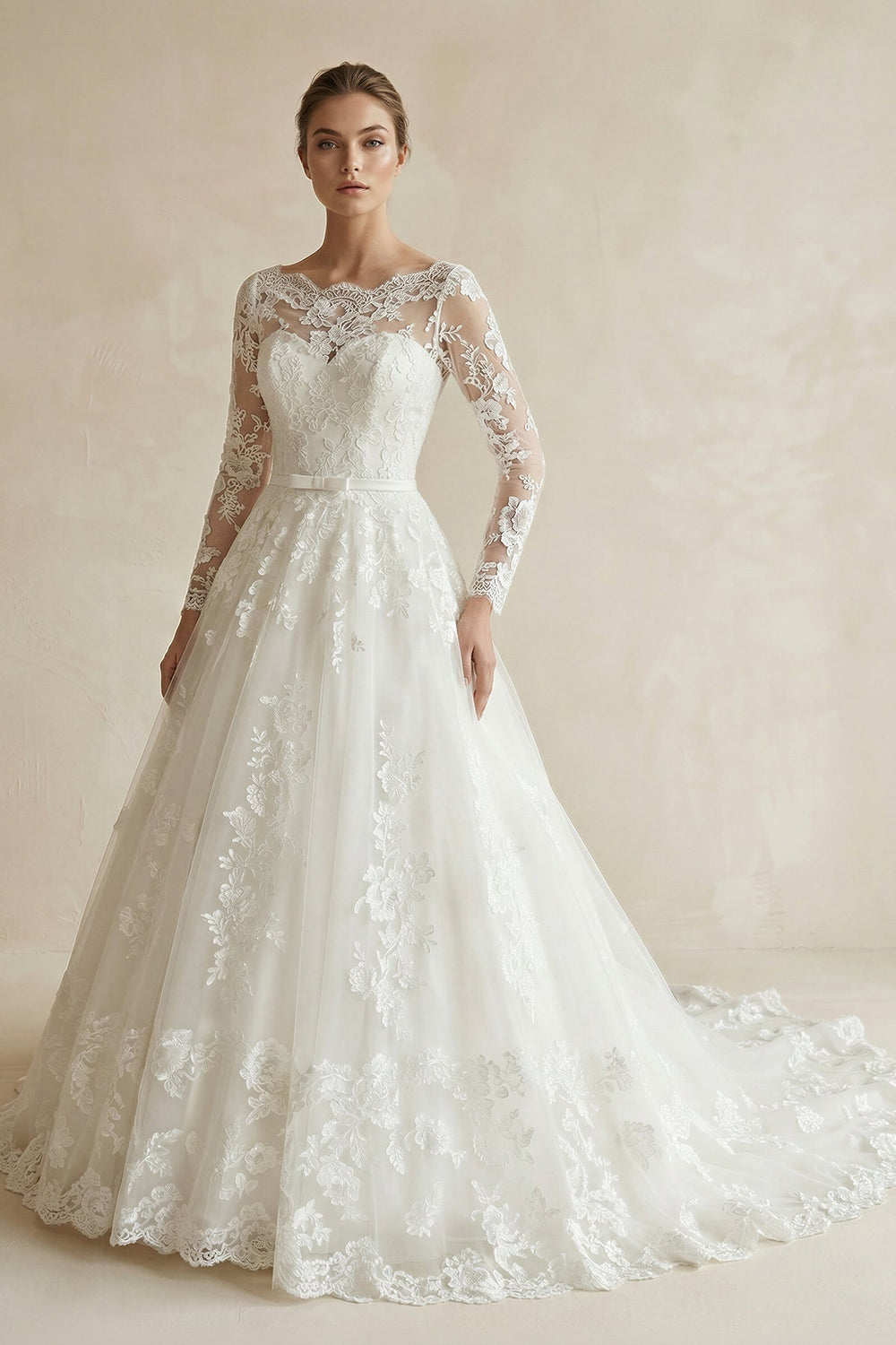 A Line Lace Long Sleeves Wedding Dress With Bow in Ivory - SHE IS ME Wedding Dresses