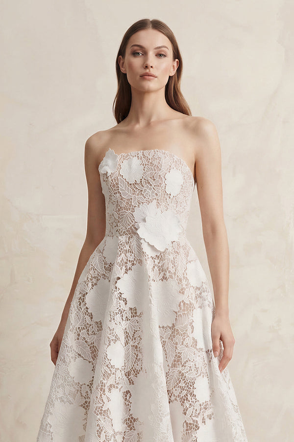 A - Line Lace Midi Strapless Ruched Wedding Dress in White - SHE IS ME Wedding Dresses