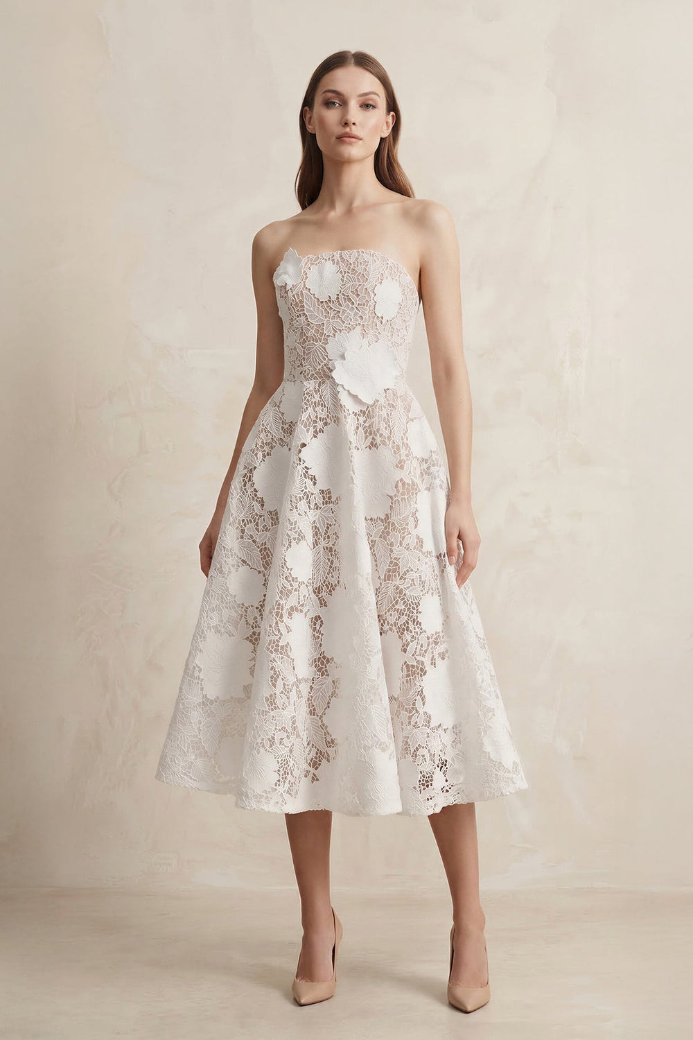 A - Line Lace Midi Strapless Ruched Wedding Dress in White - SHE IS ME Wedding Dresses