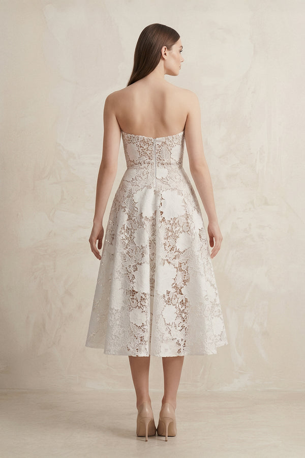 A - Line Lace Midi Strapless Ruched Wedding Dress in White - SHE IS ME Wedding Dresses