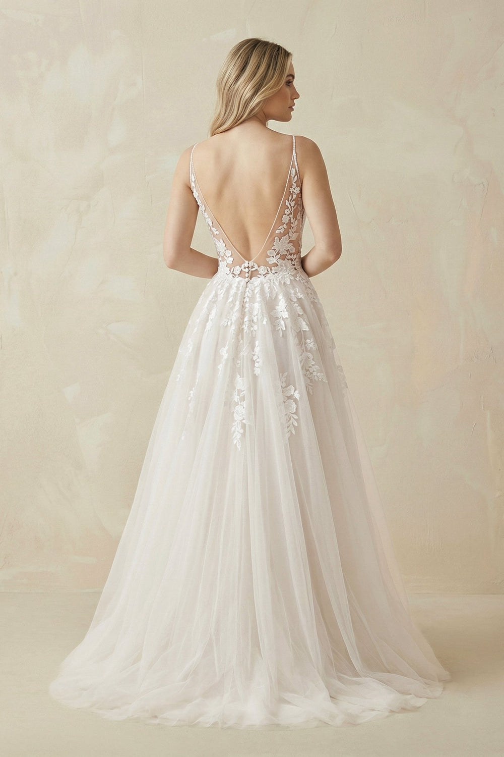 A Line Lace Tulle V - neck Sleeveless Wedding Dress in Ivory - SHE IS ME Wedding Dresses