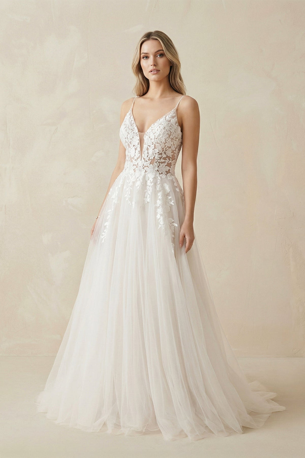 A Line Lace Tulle V - neck Sleeveless Wedding Dress in Ivory - SHE IS ME Wedding Dresses