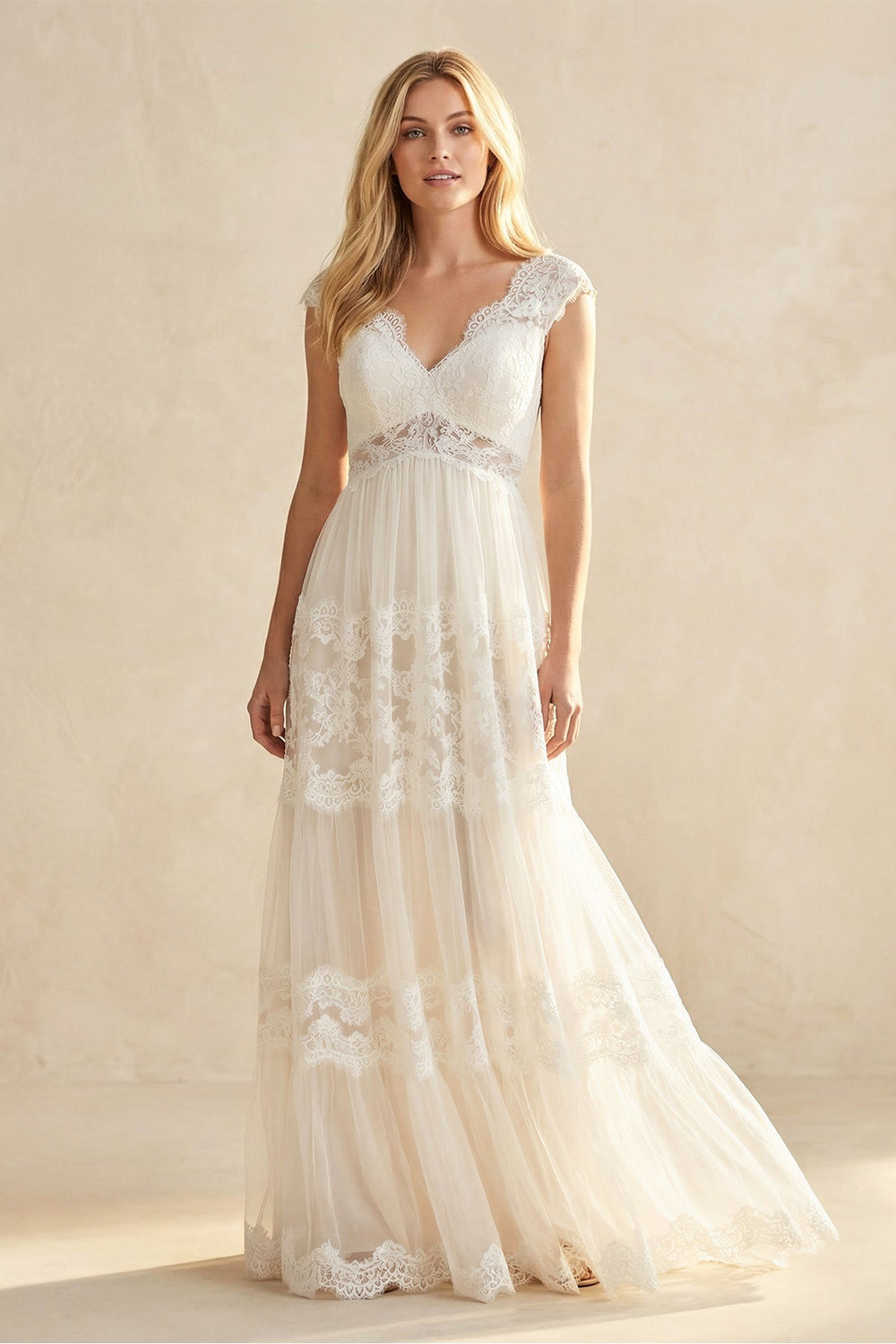 A - Line Lace V - Neck Tulle Wedding Dress in Ivory - SHE IS ME Wedding Dresses
