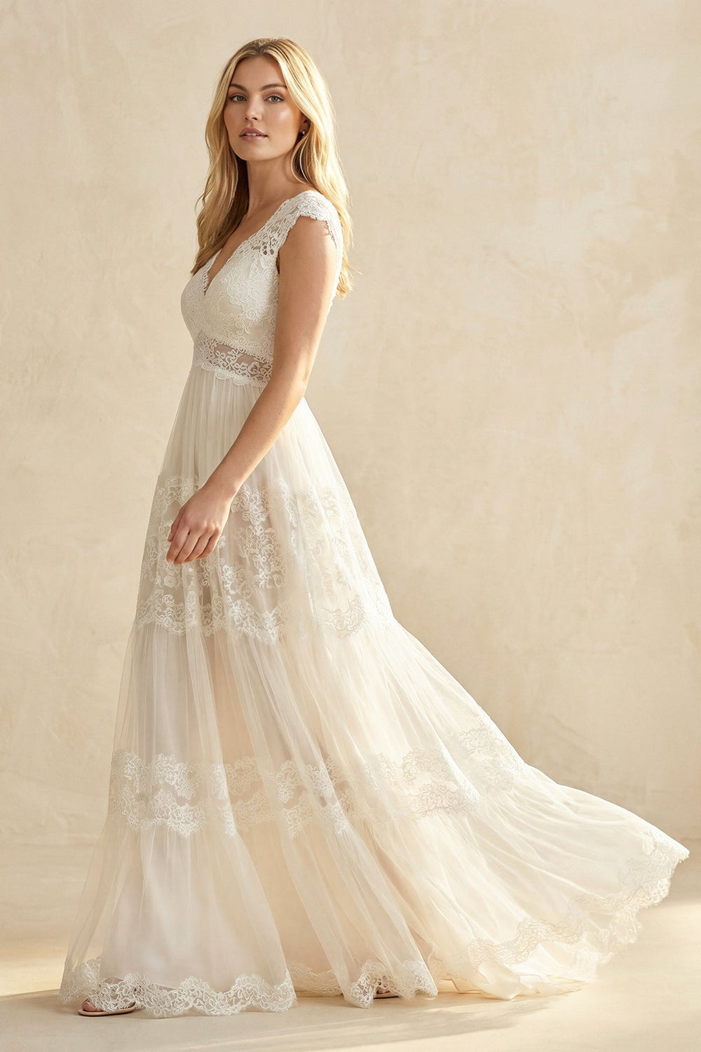 A - Line Lace V - Neck Tulle Wedding Dress in Ivory - SHE IS ME Wedding Dresses