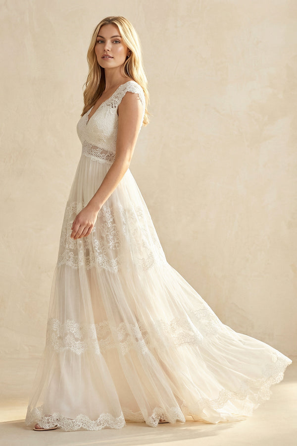 A - Line Lace V - Neck Tulle Wedding Dress in Ivory - SHE IS ME Wedding Dresses