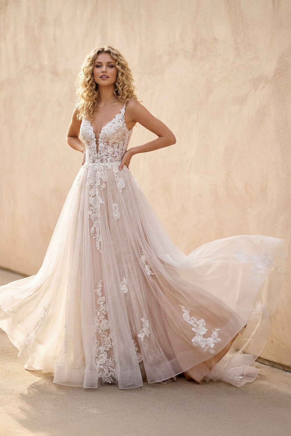 A - Line Lace White Sleeveless Backless Wedding Dress - SHE IS ME Wedding Dresses
