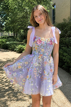 Lilac A-Line Lilac Short Homecoming Dress with 3D Flowers - SHEISME