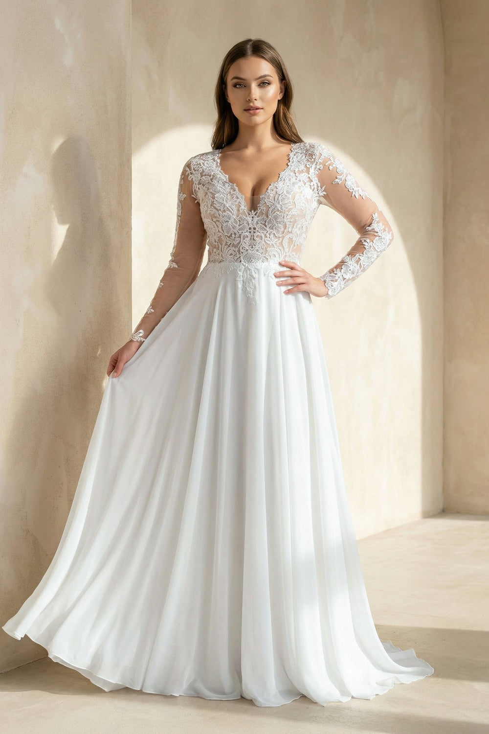 A - Line Long Sleeve Lace Wedding Dress in White - SHE IS ME Wedding Dresses