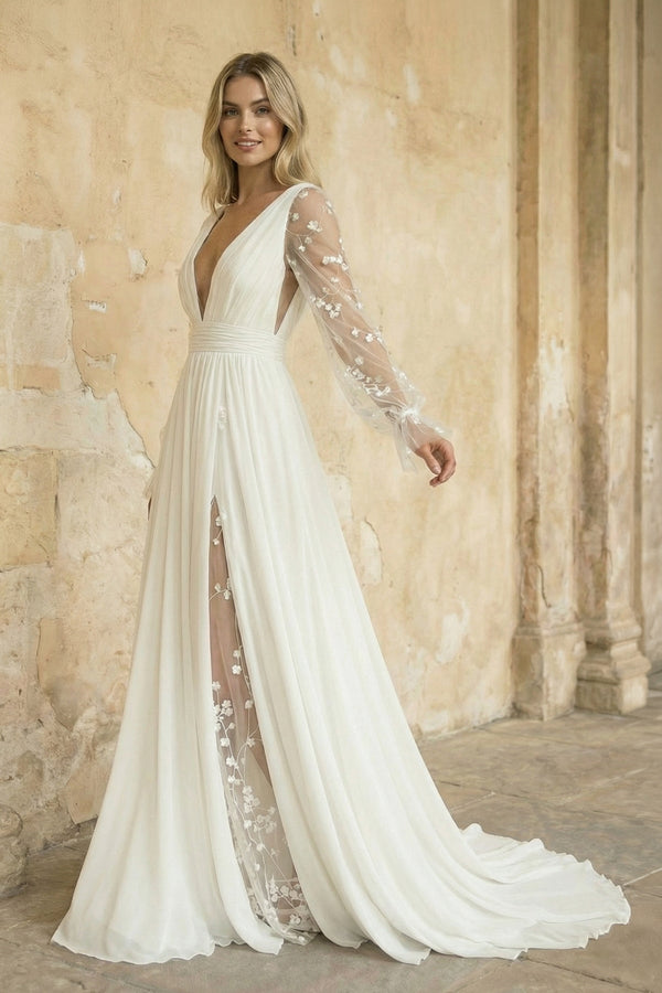 A Line Long Sleeves Chiffon Wedding Dress in Ivory - SHE IS ME Wedding Dresses